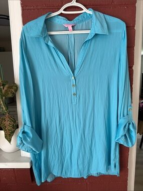 Lilly Pulitzer Aqua Button-Front Collared 3/4 Sleeve Tunic Large